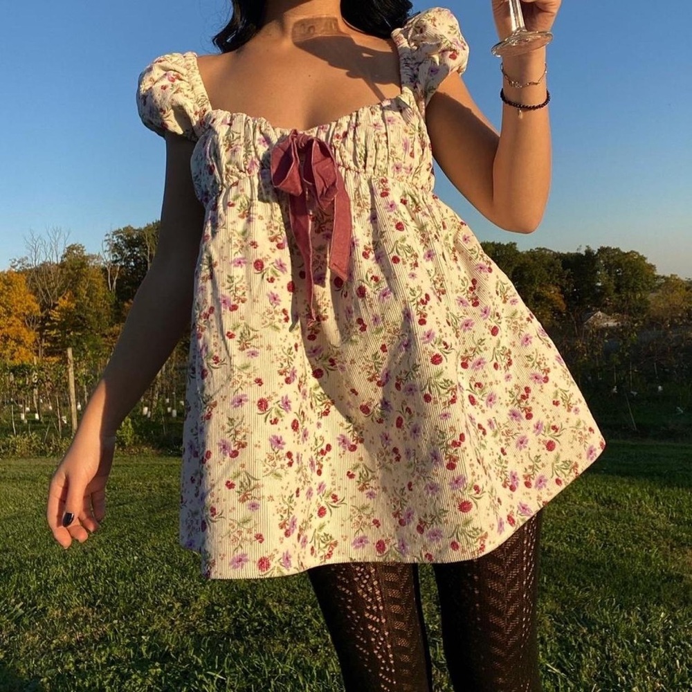 Free People Gaia Tunic Top Purple Floral White Corduroy Babydoll Medium